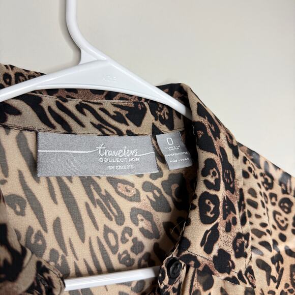Chico's Womens Top Size 0 Small Brown Button Down Animal Print Old Money Sheer - Picture 3 of 5